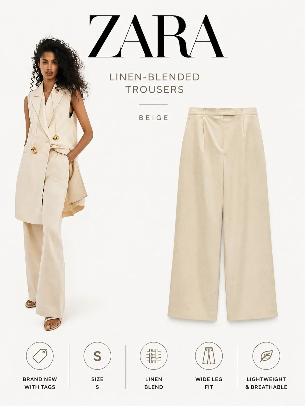ZARA Beige Linen Blend Wide Leg Trousers NWT Size S